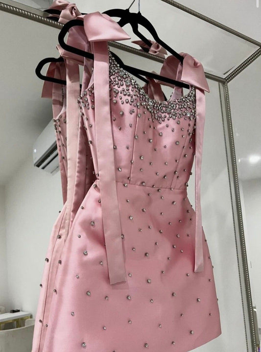 Glitter A Line With Strap Sequined Pink Satin Homecoming Dresses Party Outfit Birthday Dress Cocktail Outfits RB6266