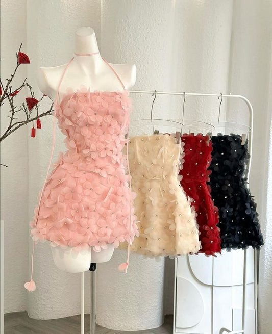 Beautiful A line Halter Pink With Flowers Short Homecoming Dress Inspo Ideas Mini Party Dresses RB6927