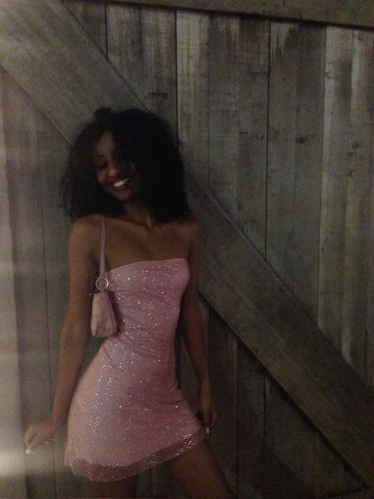 Glitter Homecoming Outfit Ideas Mini Dress Pink Strapless Fit and Flare High School Ideas Inspo Senior Graduation Dress RB7262