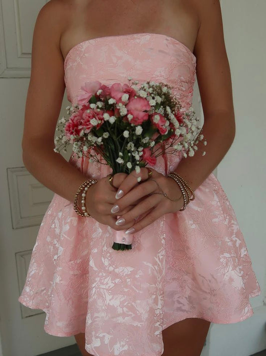 Aesthetic Hoco Photo Ideas Ball Gown Strapless Pink Lace Short Homecoming Dresses Party Cocktail Hoco Outfits RB8902