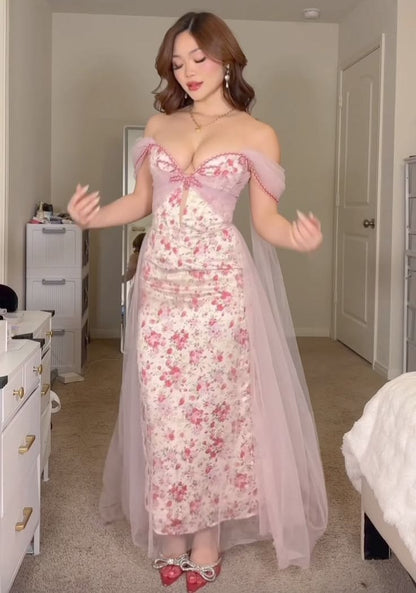 Pink Fairy Corset Dress Mermaid Off The Shoulder Short Sleeves Long Prom Floor Length Formal Dresses RC1306