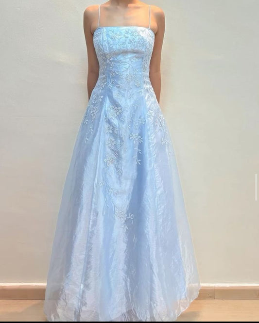 Vintage Ballkleid Spaghettiträger Hellblau mit Applikationen Abendkleid Lange Abschlussballkleider N2747