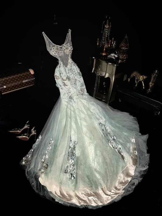Elegant Mermaid V Neckline Sage Green Tulle With Appliqued Long Prom Dresses Formal Outfits Evening Night Dress RB8253