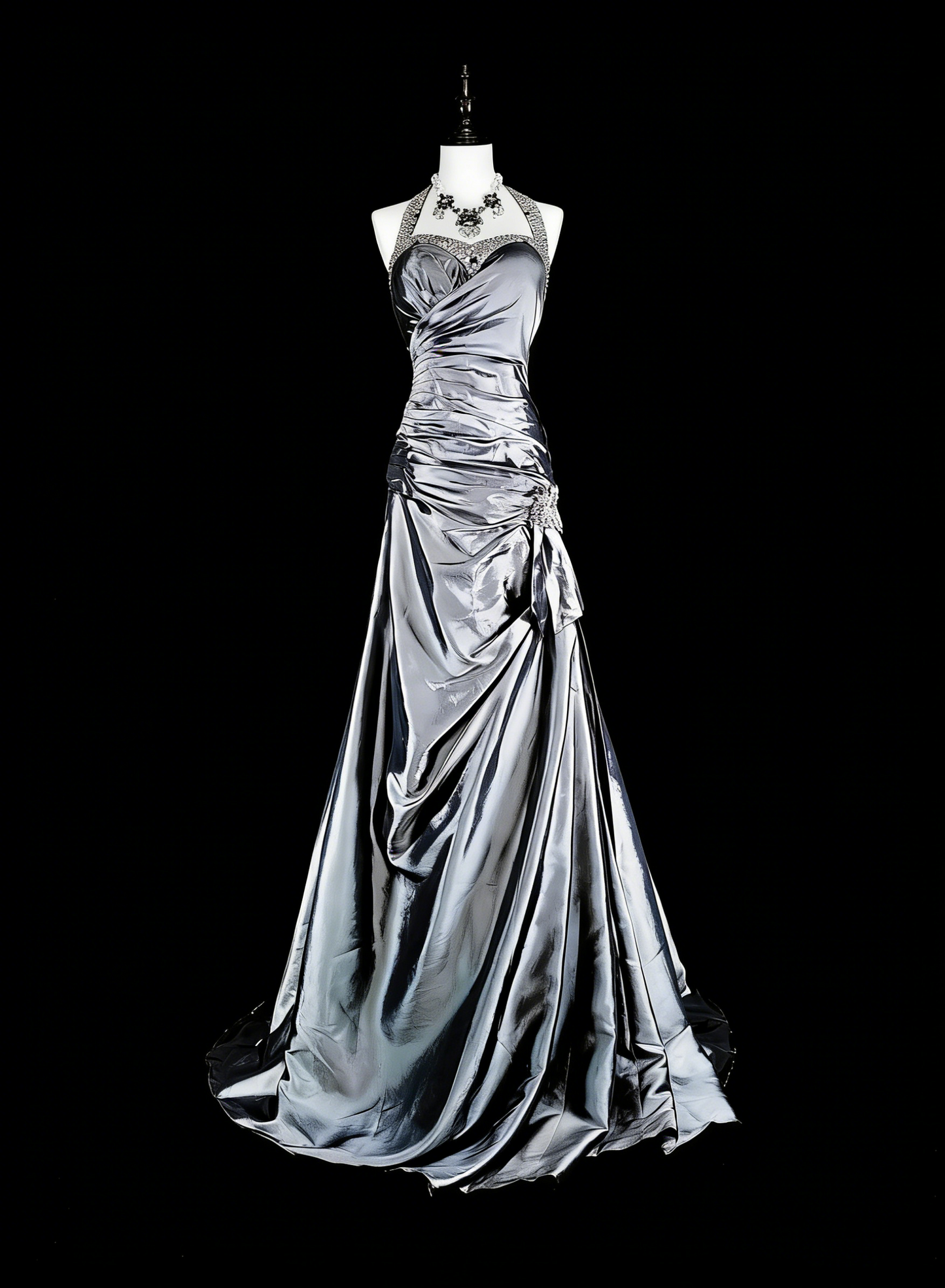 Robe de bal vintage sirène à col halter en taffetas gris, inspiration classique, robe de soirée formelle N1998