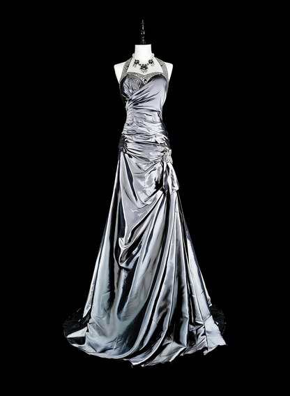 Robe de bal vintage sirène à col halter en taffetas gris, inspiration classique, robe de soirée formelle N1998