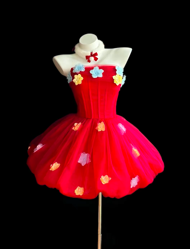 Pretty Ball Gown Strapless Red With Colorful Flowers Short Party Homecoming Dress Senior High School Ideas Inspo Short Birthday Outfits RB7349