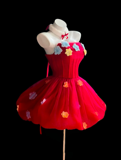 Pretty Ball Gown Strapless Red With Colorful Flowers Short Party Homecoming Dress Senior High School Ideas Inspo Short Birthday Outfits RB7349