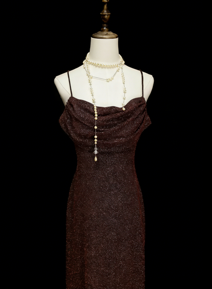 Glitzerndes Meerjungfrau Spaghetti-Träger Braunes Ärmelloses Sommer-Festkleid für Frauen Mädchen Teenager Ballkleider N2240