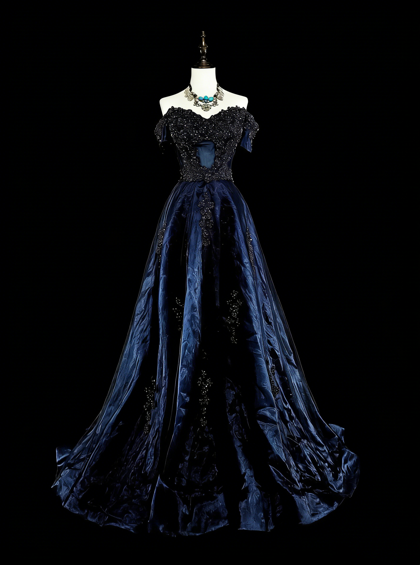Robe de soirée vintage années 80, coupe trapèze, épaules dénudées, en tulle bleu marine, idéale pour un anniversaire ou un bal de promo (N1753).