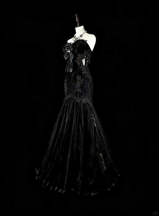 Vintage 1980s Mermaid Sweetheart Black Tulle With Appliques Sleeveless Long Prom Formal Dresses N1599