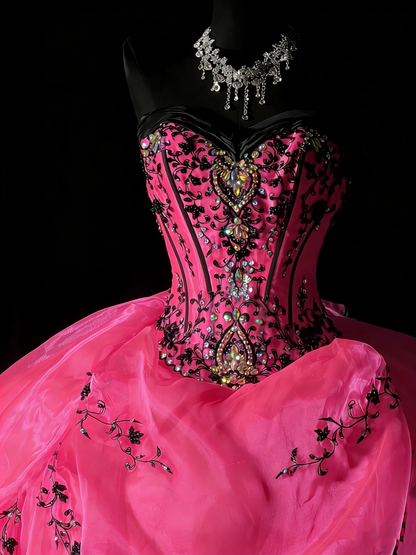 Robe de bal rose fuchsia sans manches à décolleté cœur et perles, robe longue de quinceañera pour femme, robe de quinceañera pour les 16 ans (N1185)