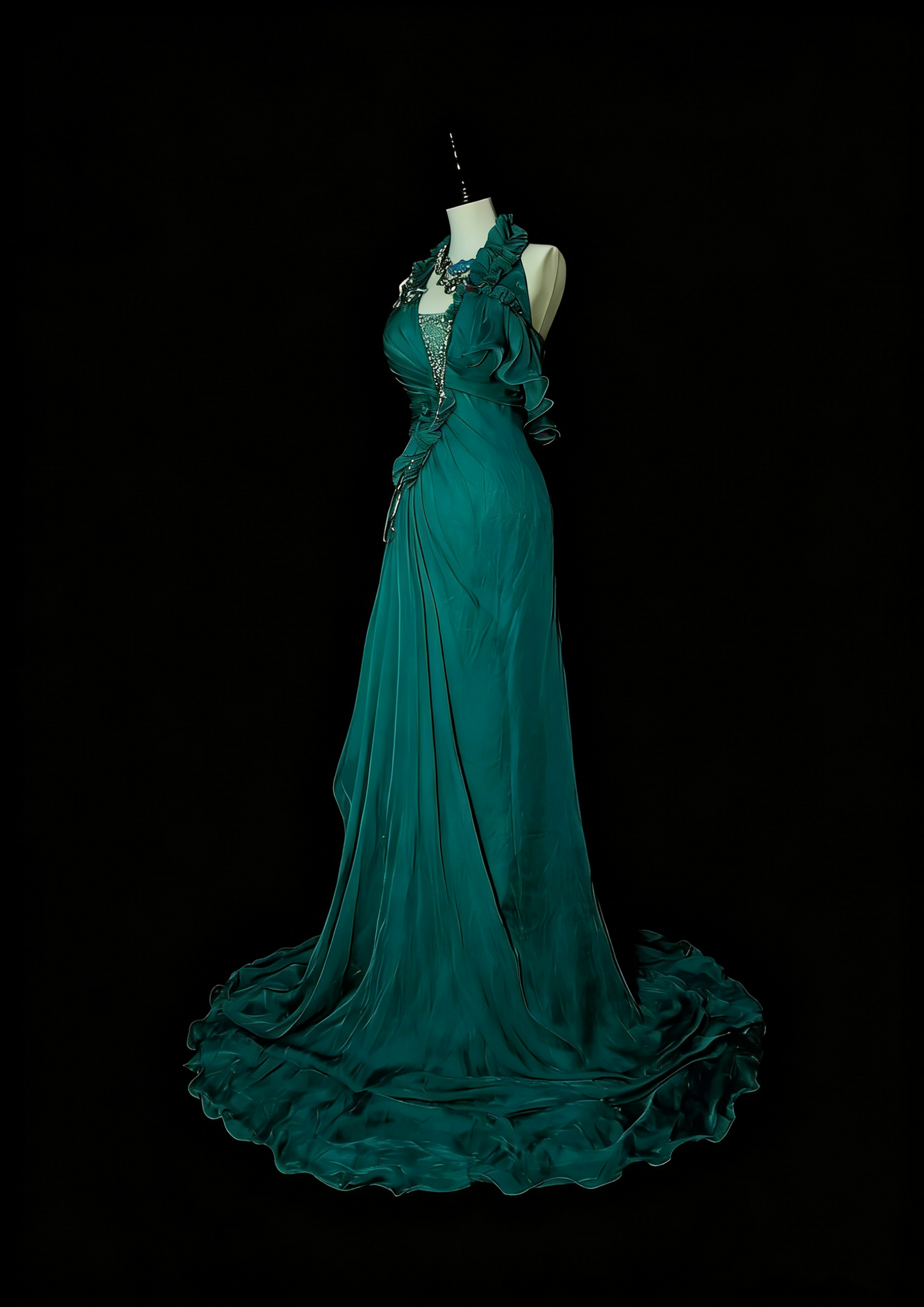Robe de bal de fin d'année sobre, coupe trapèze, dos nu, en mousseline vert foncé sans manches, modèle N1378