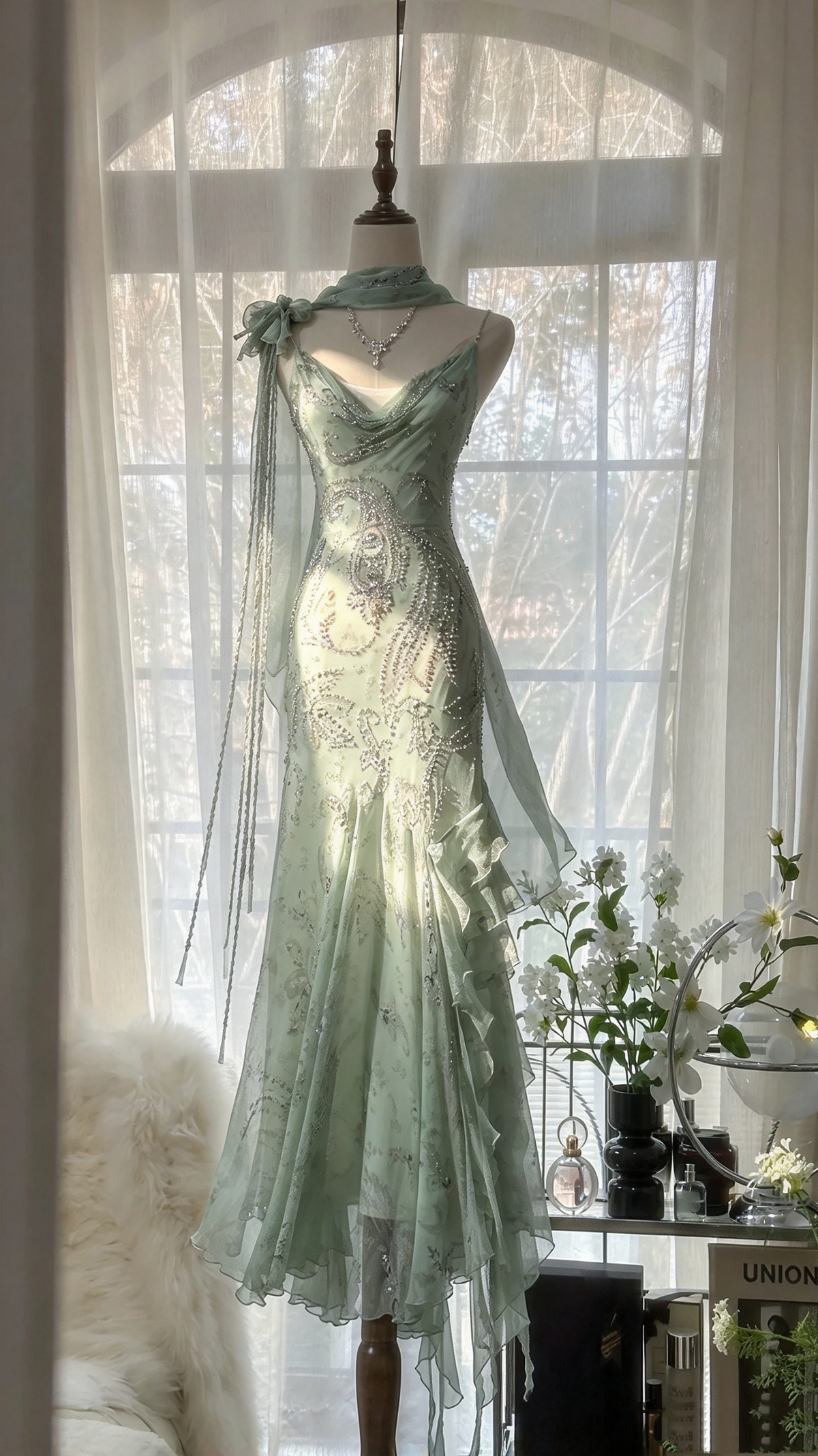 Shiny Mermaid Spaghetti Straps Mint Green Chiffon Scarf Beaded Long Prom Dresses Inspo Party Gown RC1249