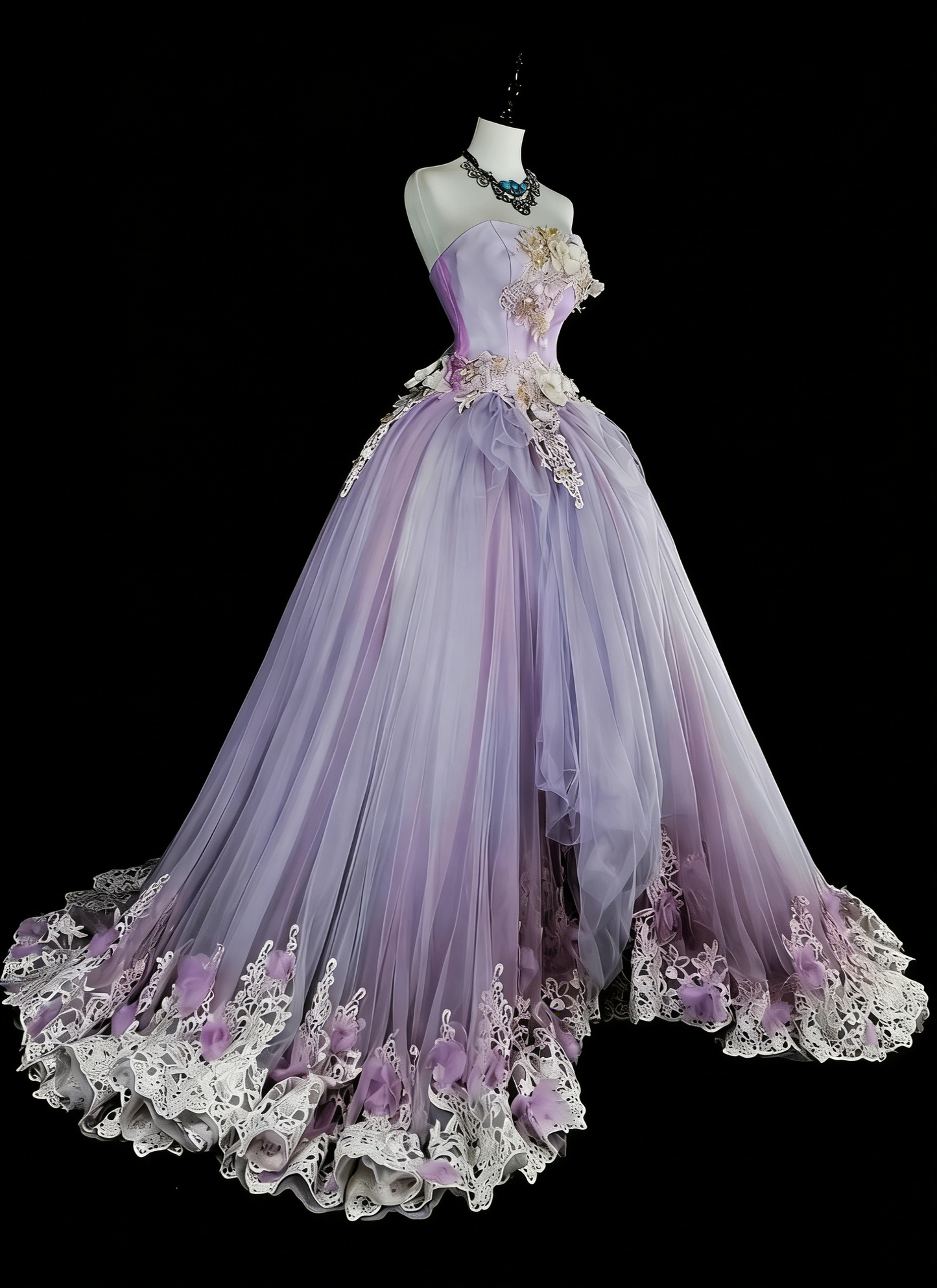 Vintage Ballkleider Abschlussballkleid Trägerlos Lila mit 3D-Applikationen 2000er Jahre Langes Partykleid N2380