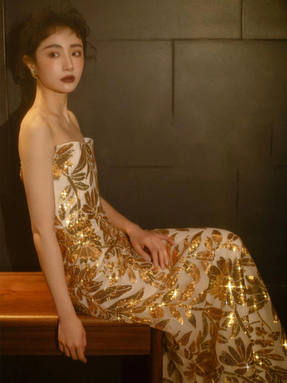 Robe de bal sirène dorée sans bretelles à paillettes, inspiration pour une longue soirée, tenue pour un 18e anniversaire AB2220