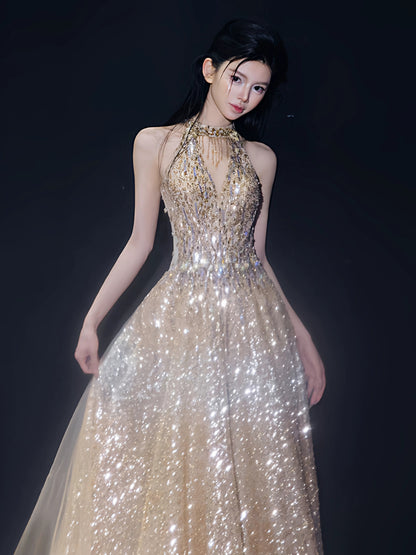 Princess A line Halter Gold Sequins Long Prom Dress Fashion Aesthetic For Teens Formal Dresses Party Outfits Prom Gown AB2218