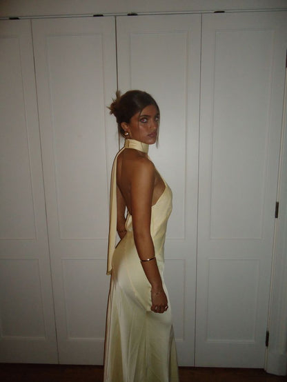 Simple Mermaid One Shoulder Slim Yellow Silky Satin Long Formal Fancy Prom Backless Evening Dress Dinner Outfits Classy Party Gowns AB2040