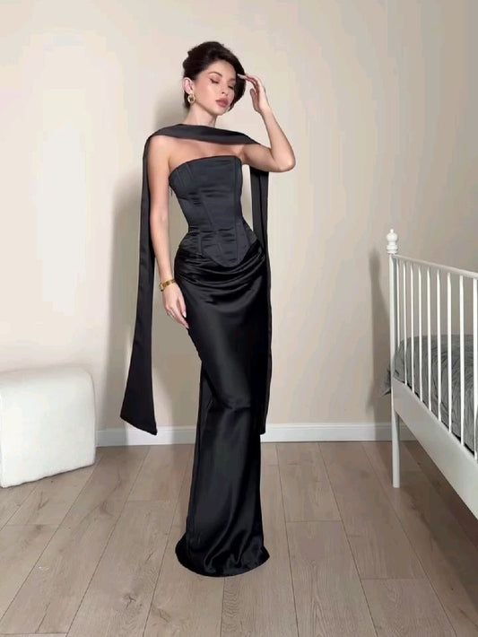 Modest Mermaid Strapless Black Tie Dress Sleeveless Spring Summer Event Outfits Wedding Guest Dresses RB3822