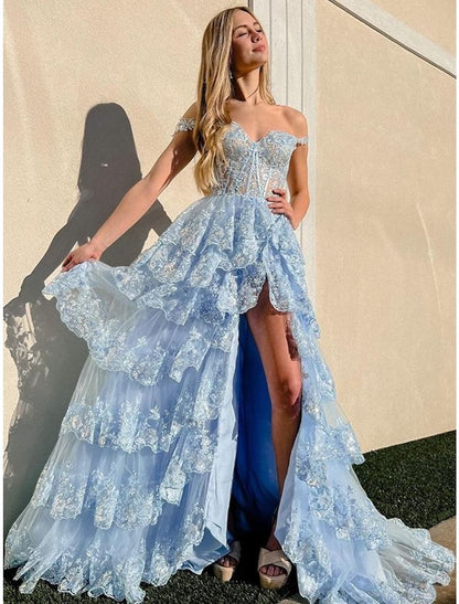 Robe de bal scintillante à épaules dénudées et fente en dentelle pour adolescentes, robe de soirée longue à sequins N791