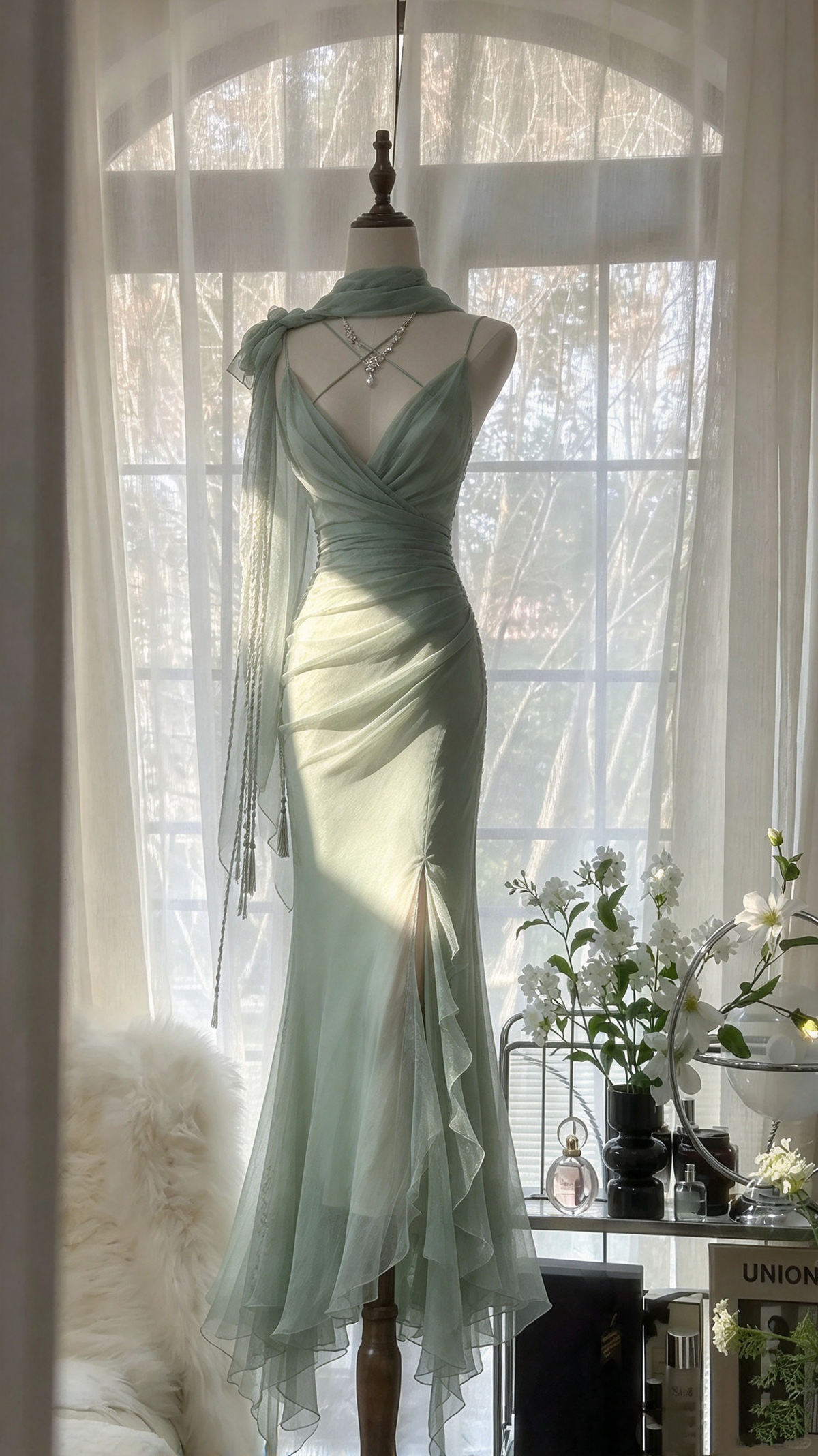 Simple Mermaid Spaghetti Straps Sage Green Chiffon Scarf Split Long Prom Dresses Inspo Party Gown RC1250