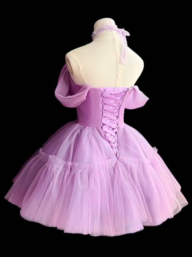 Pretty Ball Gown Off The Shoulder Lilac Tulle Short Mini Party Homecoming Dresses High School Ideas Inspo 16th Birthday Outfits RB7352
