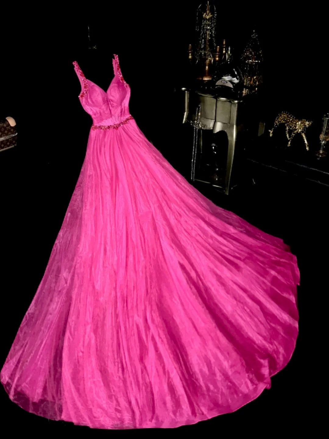 Elegant A Line Sweetheart Hot Pink Tulle With Beading Long Prom Dresses Formal Outfits Evening Night Dress RB8254
