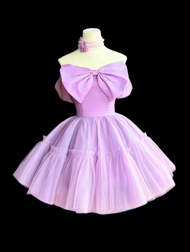 Pretty Ball Gown Off The Shoulder Lilac Tulle Short Mini Party Homecoming Dresses High School Ideas Inspo 16th Birthday Outfits RB7352