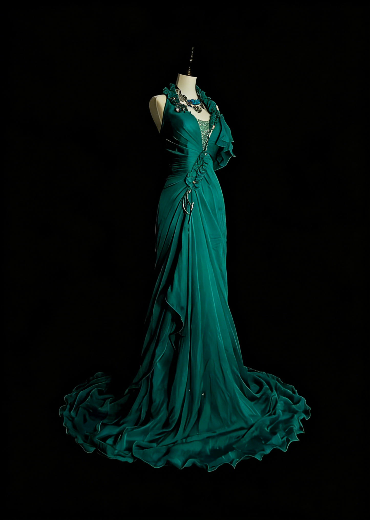 Robe de bal de fin d'année sobre, coupe trapèze, dos nu, en mousseline vert foncé sans manches, modèle N1378