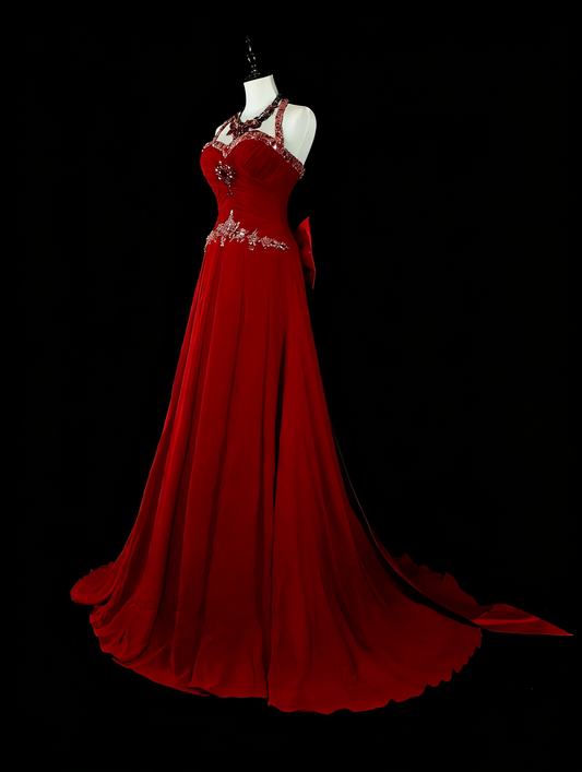 Vintage 1760s A Line Halter Red With Back Bow-knot Sleeveless Pleated Long Prom Dresses N1587