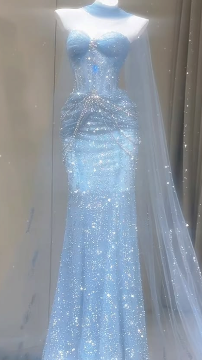 Glittery Mermaid Ice Blue Glitter Corset Gown Sequin Long Prom Dresses Impress 18th Birthday Outfits Evening Gowns RB8939