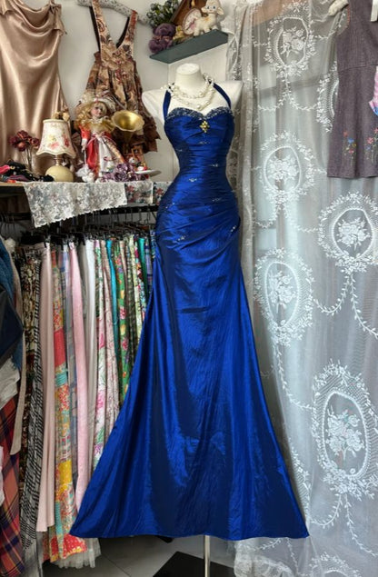 Robe de bal longue fourreau dos nu vintage, robe de soirée bleue en satin perlé, robe d'anniversaire sans manches N783