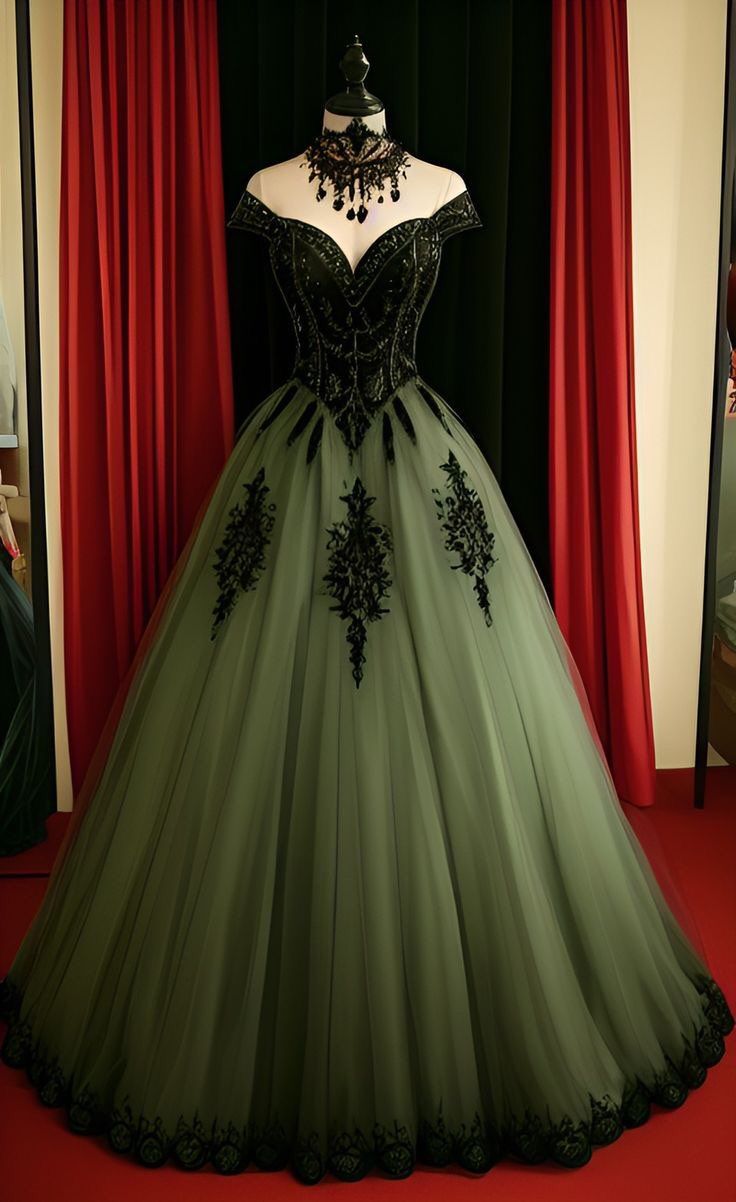 Modest Ball Gown Off The Shoulder Olive Green Tulle Lace Prom Dresses With Sleeves Party Dress Evening Dresses AB1086