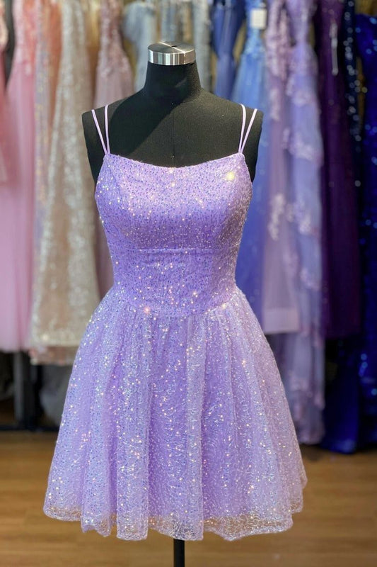 Süßes Ballkleid mit Spaghettiträgern, lila, ärmellos, Pailletten, kurzes Minikleid, 16. Geburtstagskleid, Hoco Outfits N1907