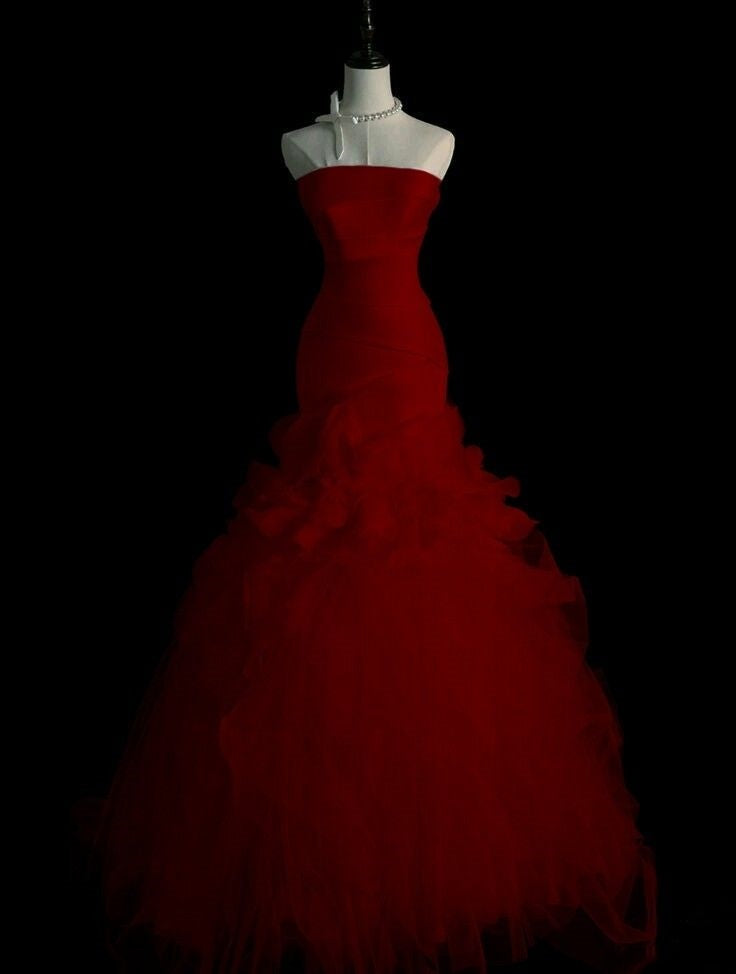 Robe de bal longue rouge en tulle, bustier, style sirène, inspiration robe de soirée pour femmes et adolescentes, robe de cérémonie AB1268