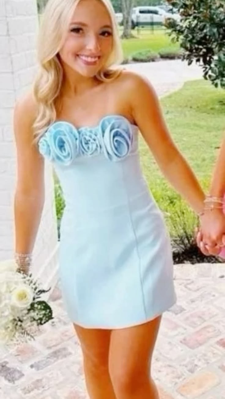 Aesthetic Hoco Photo Ideas A line Strapless Blue Short Homecoming Dresses Party Cocktail Hoco Outfits RB8903