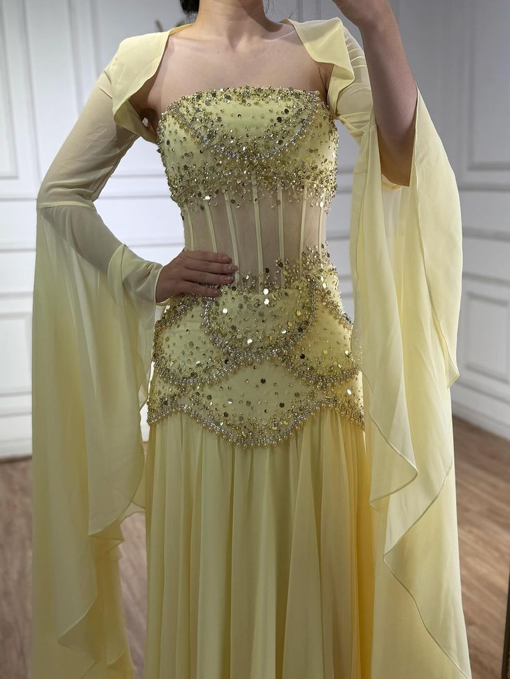 Pretty Mermaid Strapless Maxi Long Party Yellow Chiffon Prom Dresses Evening Dress RB1595