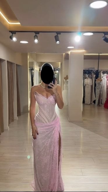 Robe de bal longue sirène sexy sans bretelles en dentelle rose fendue, robe de soirée formelle plissée N350