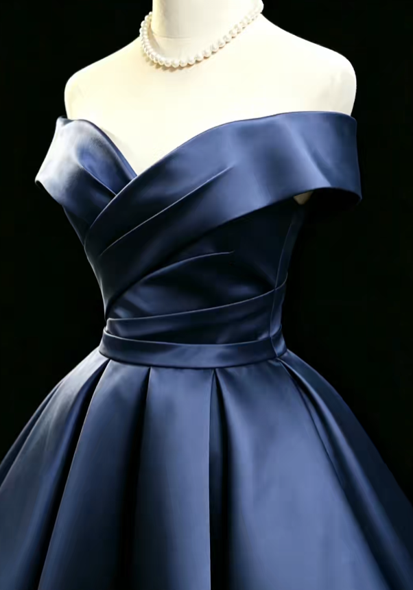 Cute Ball Gown Off The Shoulder Navy Blue Satin Mini University Ideas Homecoming Dress Inspo Short Birthday Dresses Senior Graduation Outfits RB7175