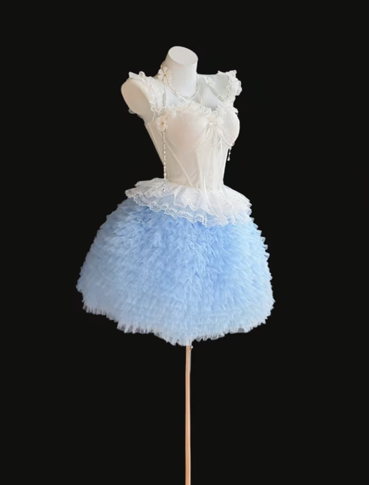 Stunning Ball Gown Sweetheart Blue Tulle White Lace Short Homecoming Dresses Senior High Schools For Teens Ideas Inspo Short Birthday Cocktail Outfits RB7339