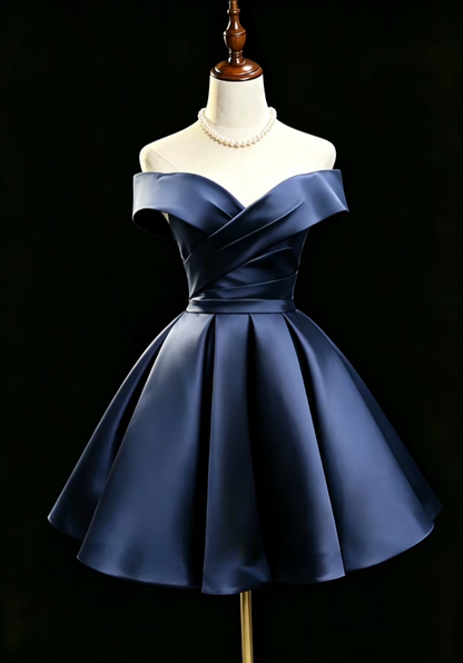 Cute Ball Gown Off The Shoulder Navy Blue Satin Mini University Ideas Homecoming Dress Inspo Short Birthday Dresses Senior Graduation Outfits RB7175