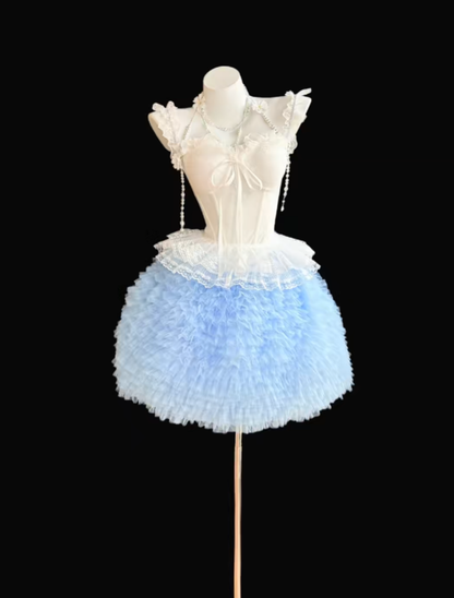 Stunning Ball Gown Sweetheart Blue Tulle White Lace Short Homecoming Dresses Senior High Schools For Teens Ideas Inspo Short Birthday Cocktail Outfits RB7339