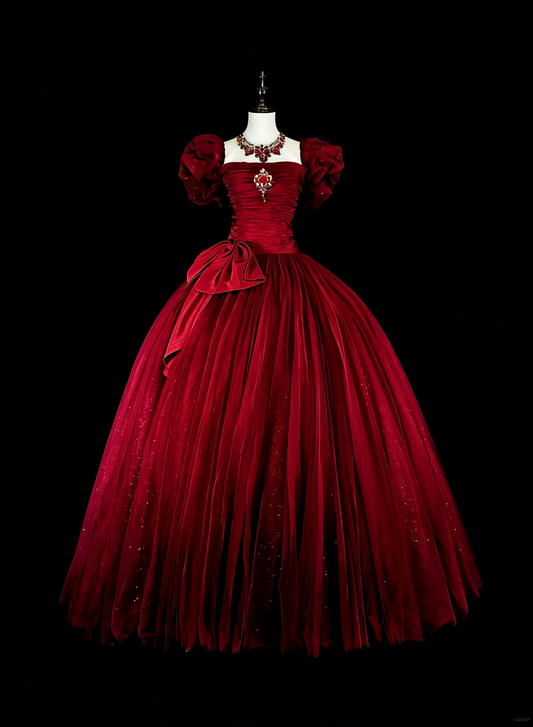 Bescheidene Ballkleider für den Abschlussball mit quadratischem Ausschnitt, burgunderrotem Tüll, langes Quinceañera-Kleid N3072