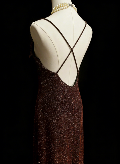 Glitzerndes Meerjungfrau Spaghetti-Träger Braunes Ärmelloses Sommer-Festkleid für Frauen Mädchen Teenager Ballkleider N2240