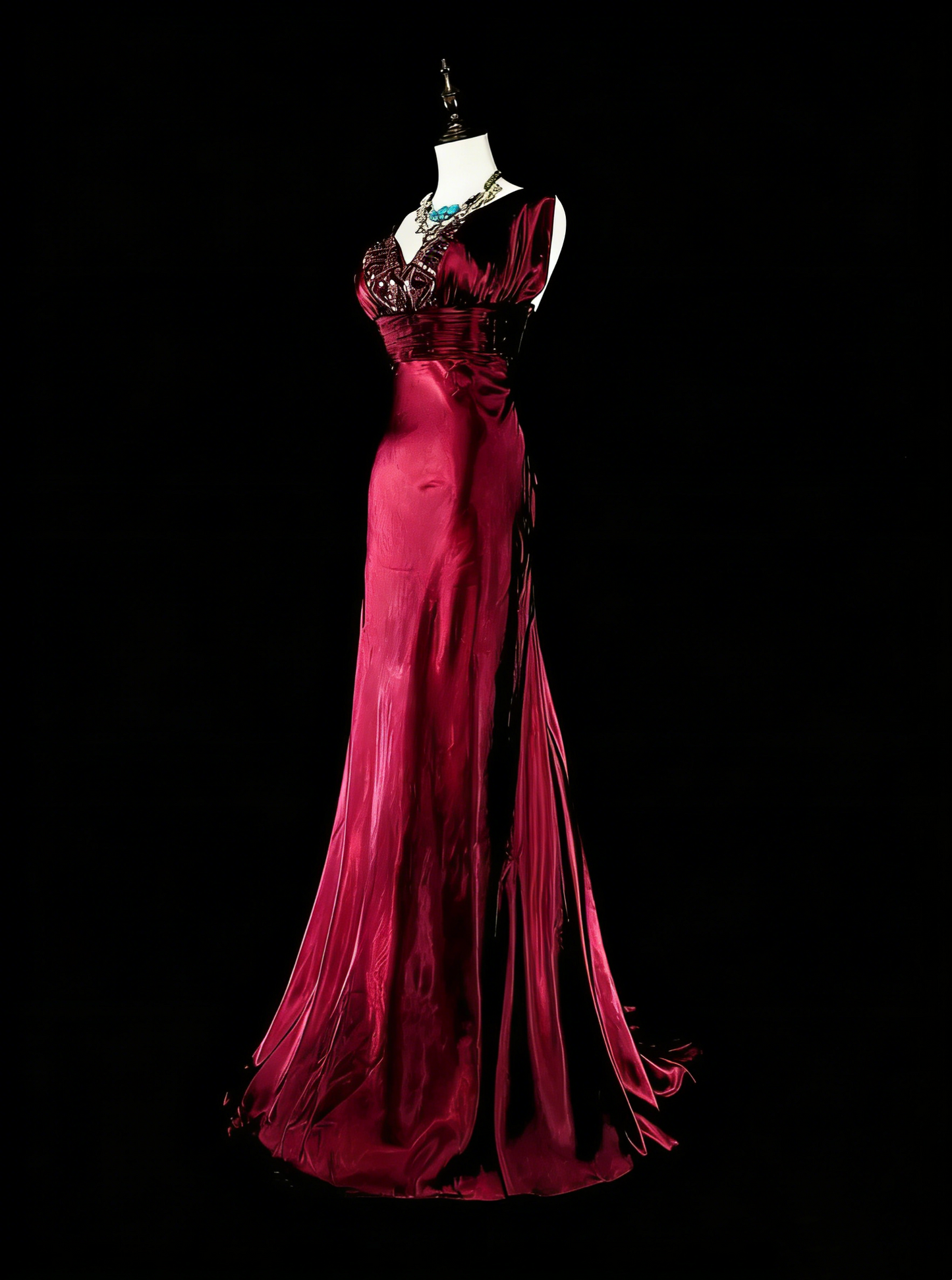 Robe de bal longue vintage sirène col V en satin bordeaux foncé ornée de perles, N1829