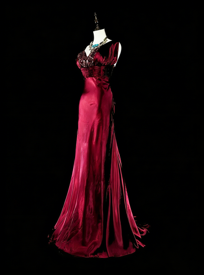 Robe de bal longue vintage sirène col V en satin bordeaux foncé ornée de perles, N1829