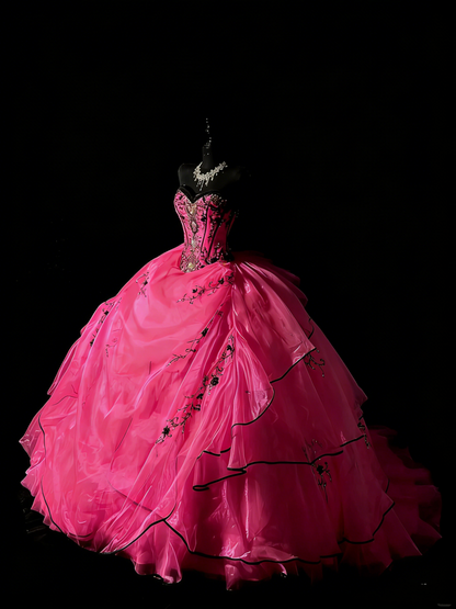 Robe de bal rose fuchsia sans manches à décolleté cœur et perles, robe longue de quinceañera pour femme, robe de quinceañera pour les 16 ans (N1185)