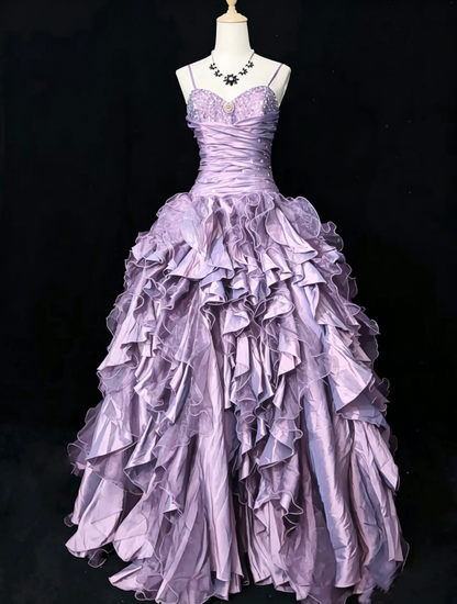Vintage Ballkleider Inspo Ballkleid Spaghettiträger Lila Tüll Stufenlagen 80er mit Perlen Abendkleider N3357