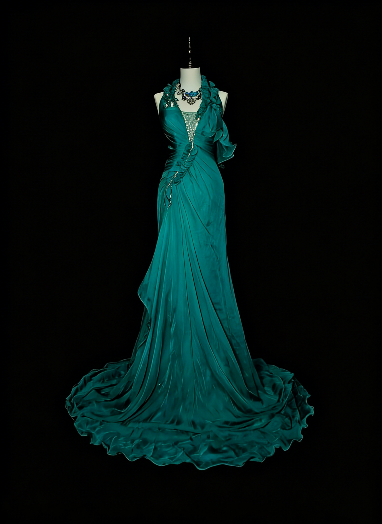 Robe de bal de fin d'année sobre, coupe trapèze, dos nu, en mousseline vert foncé sans manches, modèle N1378