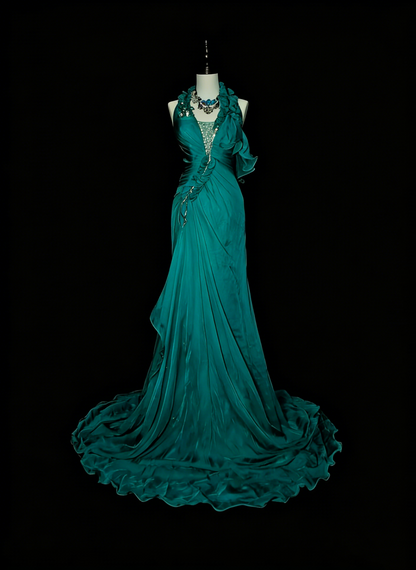 Robe de bal de fin d'année sobre, coupe trapèze, dos nu, en mousseline vert foncé sans manches, modèle N1378