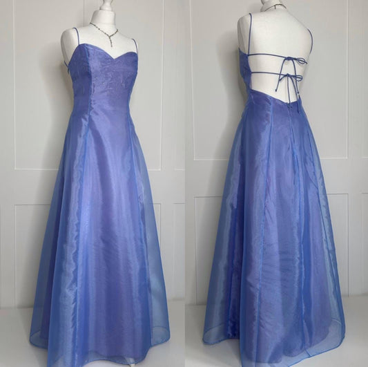 Einfaches A-Linien-Spaghettiträger-Kleid aus blauem Organza, rückenfrei, ärmellos, langes Abendkleid, Ballkleid zum 21. Geburtstag N2410